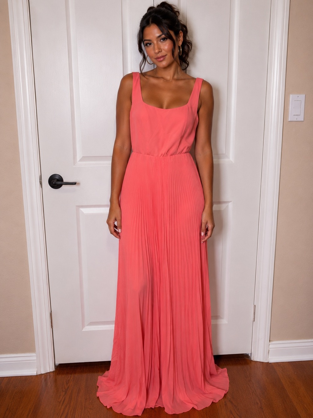 Elegant Coral Pleated Maxi Dress - Women
